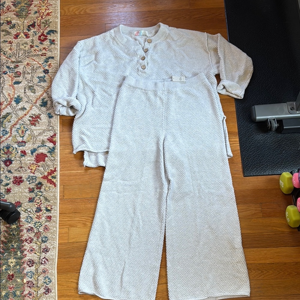 Free-est Hailee Waffle Stitch Long Sleeve Top & Wide Leg Pants Knit Set